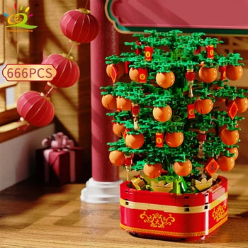 HUIQIBAO 666Pcs Kitajski Tradiciji Orange Tree Vrtenjem Glasbe Polje gradniki Novo Leto Blagoslov Opeke Nastavite Igrače za Otroke
