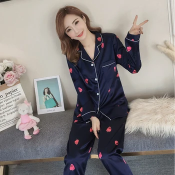 Ženske Pižame Nastavite M-5XL Plus Velikost Led Saten Svila Pajama Dolg Rokav Sleepwear Pižami