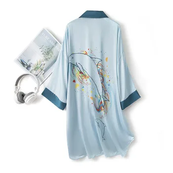 Sleepshirt Svetlo Modra Sleepwear Ženski Tisk Dolphin Nightgown Z Gumbi Nightdress Saten POLETJE Novo Kimono Obleke kopalni plašč