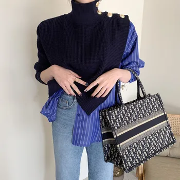 Korejski Elegantna 2020 Jeseni Visok Ovratnik Strani Gumbov Ponaredek Dva-kos Majica Prugasta Šivanje Mehurček Sleeve Jopica Modre ženske