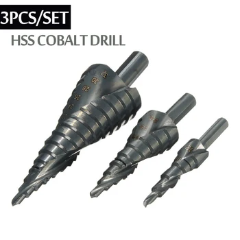 3PCS/SET 4-32MM HSS Kobalt Korak Stopil Drill Bit Nastavite Dušika hitroreznega Jekla Spiralne Za Kovinske Membrane Trikotnik Kolenom Luknja