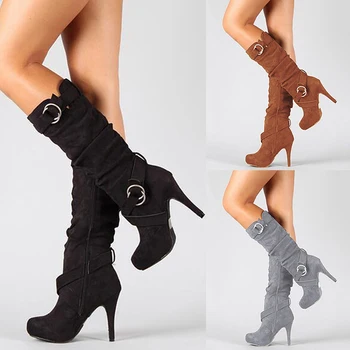 Botas mujer jeseni, pozimi visoke pete, škornji ženske seksi stiletto platformo dame čevlji črna rjava siva plus velikost chaussures femme