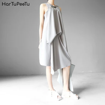 Odrezana Oversize Poletne Obleke korejskih Žensk Irregualr Obleko brez Rokavov Bogate Plasti Gosto Šifon 2020 Kolena-dolžina Japonskem Slogu