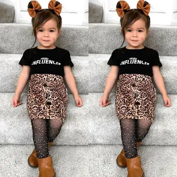 2PCS Malčka Otroci Baby Girl Obleke Vrhovi T-Shirt+Leopard Tiskanja Krilo Obleke