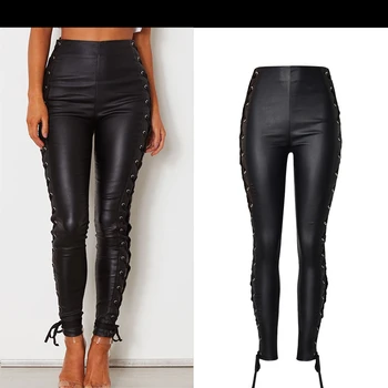 Jeseni, pozimi ženske črna super elastični dvostranski zanko, prevlečeni imitacija usnja traper hlače PU visok pas, jeans, ženski K179