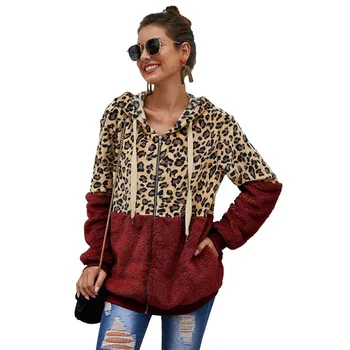 Nove Ženske Jakne Leopard Tiskanja Šivanje Plišastih Kratek Hooded Suknjič Priložnostne Gospe Jeseni Dolgo Sleeved Zadrgo Jopico Coats