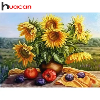 Huacan Diamond Slikarstvo Nastavite Sončnično Ročno Izdelan Darilni Mozaik Vaza Vezenje Cvetlični Okraski Za Dom