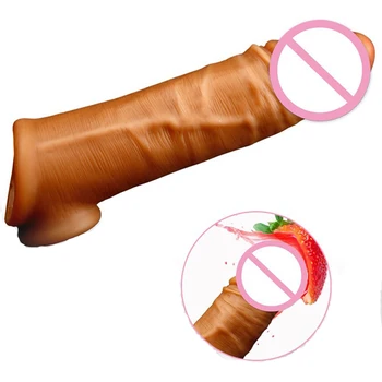 Moški Penis Širitve Rokav opozarjanje z glavice penisa Masaža Uresničevanje Realističen Dildo Mehko Večkratno uporabo Kondoma Adult Sex Igrače za Par