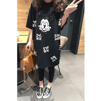XL-5XL Disney Mickey Mouse Dolge majice Ženske Poletje Black Vrhovi Prevelik Ženski Priložnostne Poletje Ženske Lady T-srajce Moda Tees