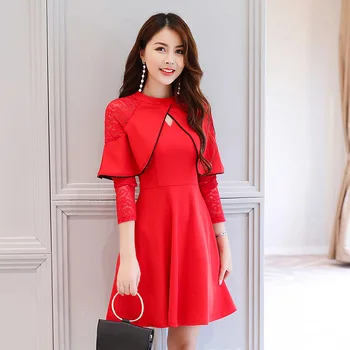 Eleganten plašč rokav čipke obleko ženska 2019 pomlad jesen rdeča črna mini obleka ženska linija obleke letnik vestidos