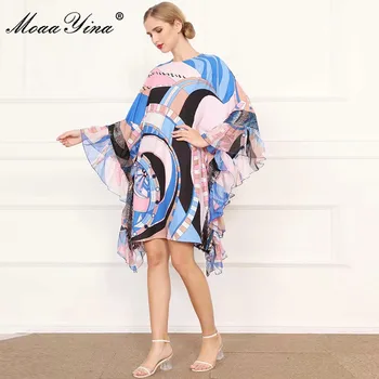 MoaaYina Modni Oblikovalec obleko Jeseni Ženske noše Batwing Rokav Geometrijske Tiskanja Počitnice Svoboden Plus Velikost Obleke