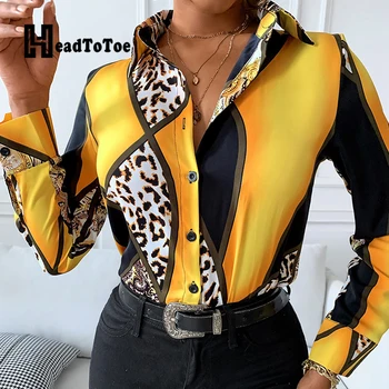 Leopard Mozaik Tiskanja Vintage Moda Ženske Majice Dolg Rokav Znižuj Ovratnik Slim Zgornji Deli Oblacil Ženske