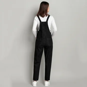 Ženske Velikosti Jeans Pomlad in Jesen Novo Slim-Fit hlače z Oprsnikom v korejskem Slogu, Črna Ohlapne Hlače Ženske Debelo AC32
