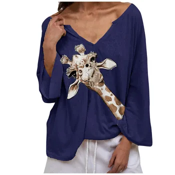 Žirafa Natisnjeni Ženske Tshirts Plus Velikost Ženske Srčkan Živali Dolg Rokav Proti Vratu T-shirt Priložnostne Prevelik Tee Shirt Femme Camisetas