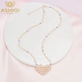 ASHIQI 925 Sterling Srebro Sladkovodnih Biserov srce ogrlico Naravni kristal, Ročno izdelan Nakit za ženske Najboljše darilo