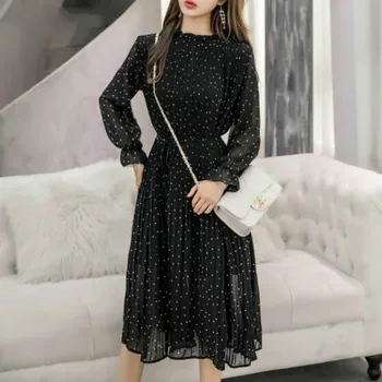 Črna Vintage Oblačil Za Pomlad Lady Dolgo Šifon Obleko 2020 Nove Korejske Modne Ženske Dolgo Oplaščeni Polka Dot Nabrano Obleko 3670 50