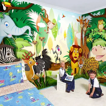 Po meri, otroške Sobe Zidana Ozadje 3D Cartoon Gozd Luči Stenske Freske Spalnica Fotografijo za Ozadje Slikarstvo Živalski Park