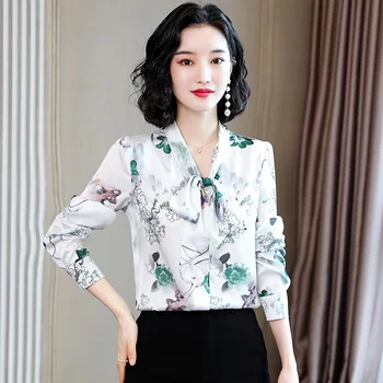 Korejski Moda Svile Ženske Bluze Saten Dolg Rokav Cvet Rokavi Ženske Urad Dama Blusas Largas Plus Velikost Jeseni Womens Vrhovi