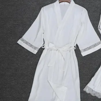 2020 Seksi Žensk Rajon Kimono kopalni plašč BELA Nevesta Družico Poroko Haljo Nastavite Čipke Trim Sleepwear Priložnostne Domov Oblačila More
