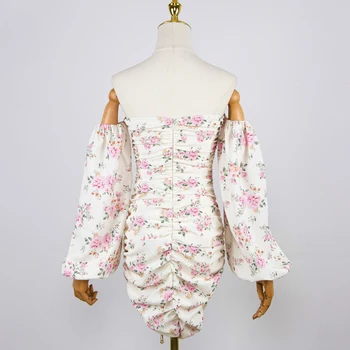 2020 novo limone cvetlični ruched korzet obleka ženske poletje off ramen, dolg rokav obleka 8302