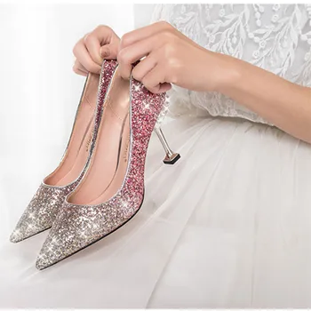 Kristalno sequined poročni čevlji z visoko peto stiletto opozoril poročni čevlji srebro družico obleko čevlje pearl pete