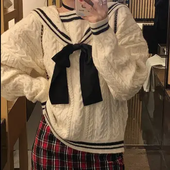 Nov slog dan 100 kampusu retro ohlapno rabo črna in bela barva navy ovratnik pulover ženske