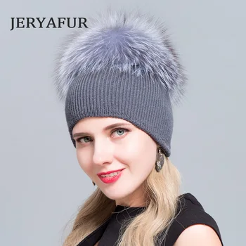 JERYAFUR Dame pozimi klobuk naravnega krzna fox pompon klobuk dame moda volne toplo priložnostne beanie klobuk dame klobuk