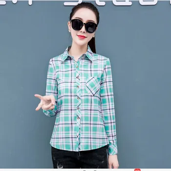 Nova Jesensko 2019 Ženske Bluzo Pomlad korejski Kariran Majica Dolg Rokav Moda Priložnostne Bluze za Ženske Srajce Plus Velikost River Vrhovi