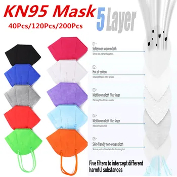 40Pcs/120Pcs/200Pcs Masko KN95 5-plasti Mascarilla Dustproof Zaščitne Maske PM2.5 Filter 95% Proti prahu maske KN 95 KN95mask