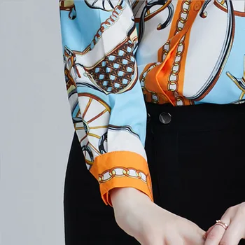 Pomlad Elegantne Ženske Bluzo Z Dolgimi Rokavi Znižuj Ovratnik Zapeto Tiskanja Shirt Design Plus Velikost Vzletno-Pristajalne Steze Šifon Vrhovi