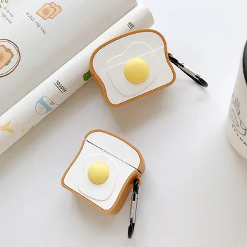 Luštna 3D Toast Jajce, Kruh Silikonski Slušalke Primeru za Apple Airpods 1 2 Coque Slušalke Polnjenje Polje za Airpod Pro Pokrov s Kavljem