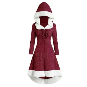 Ženske Božič Kapuco Čipke Midi Obleko Pulover z Nepravilnimi Robom in Dolge Rokave A66