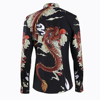 Allover Natisnjeni Mens Majice Luksuzni Kitajski Zmaj Dolg Rokav Mens Obleko Srajce Plus Velikost 4xl Moda Slim Fit Moške Srajce