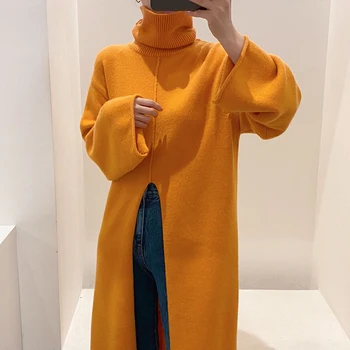 2021 Koreja je Oranžno-Bele barve z Visokim vratom Toplo Ohlapne Design Pleteni Pulover Pulover Obleko