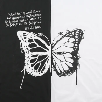 Waatfaak Kontrast Črno-Beli Ulične Oversize Majica Butterfly Tiskanje Harajuku Tshirt Ženska Hippe Punk Kratek Rokav