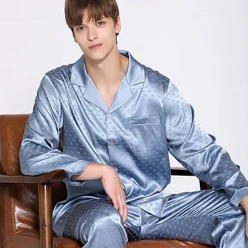19 momme naravne svile moških sleepwear nove Dolg rokav pajama določa moških Elegantno Modro jacquardske listi svile sleepwear moških T9085