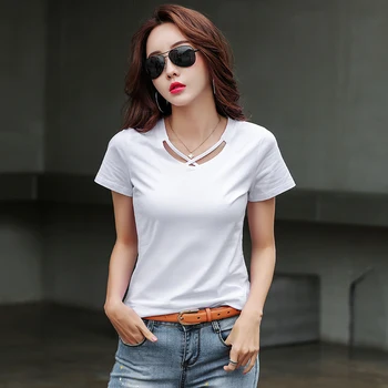 Korejski oblačila harajuku majica plus velikost ženske t shirt 2019 ženska oblačila Luknjo Kratek Trdno V-Neck ženske tshirt 2576 50