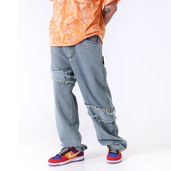 Harajuku High Street Retro Oprati Surovi Rob Mozaik Jeans Hlače, Moške in Ženske Svoboden Zadrgo Letenje Hip Hop Traper Hlače Širok Noge