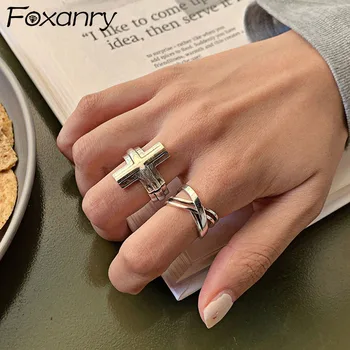 Foxanry Minimalističen 925 Sterling Srebro Prst Obroči Moda Letnik Punk Križ Geometrijske Ročno Stranka, Nakit, Darila za Ženske