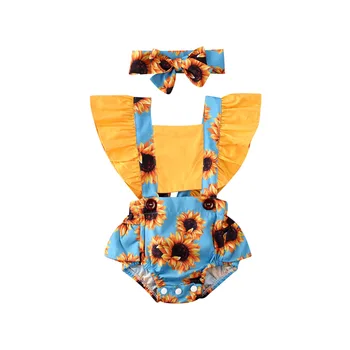 Novorojenček Dojenček Otroci Dekle Sončnično Romper poletje kratek rokav ruffle Jumpsuits Glavo, Obleko Set Oblačila