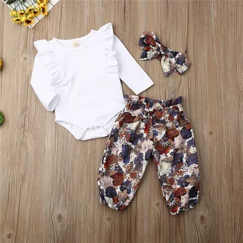 Moda Novorojenega Dojenčka Baby Dekleta Ruffles Vrhovi Cvetlični Hlače Glavo Obleke Otroci Oblačila, Ki Ropa Bebe