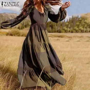 Ženske Jeseni Sundress ZANZEA 2021 Moda Ruffle Maxi Obleko Priložnostne Puff Rokav Tunika Vestidos Kariran Tiskanja Haljo Plus Velikost S-5XL