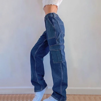 Ulične Patchwork Blue Ženska Jeans 2020 Jeseni Visoko Pasu Dolge Ravne Cargo Hlač Denim Y2K Hlače Ženske Harajuku Capris