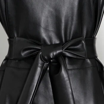 TWOTWINSTYLE Črna Mozaik Bowknot Usnje Obleka Za Ženske River Dolg Rokav Čipke Ruched Obleke Ženska 2020 Moda Nova