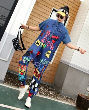 Nove Ženske Risanka Grafiti Tiskanje Enodelni Kombinezon Mandarin Ovratnik, Kratkimi Rokavi Jumpsuit Hip Hop Design Igralne Obleke Vrečasta Hlače