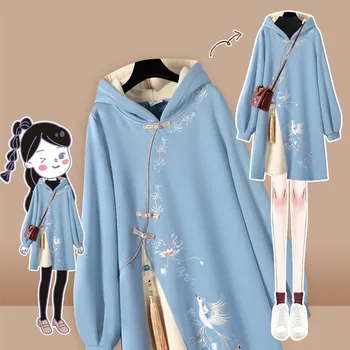Kitajski Slog Hooded Šivanje Vestido Cheongsam Vezenje Majica Obleko Pomlad Jesen Ženske Sponke Debele Harajuku Obleke