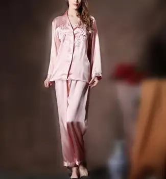 Čiste Svile Ženske Vezenje Pajama Nastavite Sleepwear Nightgown M L XL YM006