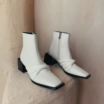 MORAZORA 2020 Pravega usnja čevlji dame čevlji debele pete kvadratni toe barva gleženj škornji za žensko črno beli riž