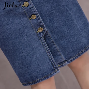 Jielur Visoko Pasu Denim Krila Plus Velikost Gumbi Žepi Classic Jeans Krilo za Ženske S-5XL Moda korejski Elegantno Jupe Femme
