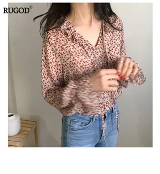 RUGOD novo vintage cvetlični bluzo ženske modni čipke-up v vratu flare rokav šifon bluzo priložnostne 2020 pomlad poletje majica vrhovi